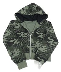 Khaki-černá army propínací crop mikina s nápisy a kapucí Page One Young