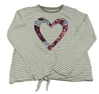 Bílo-khaki pruhované crop triko se srdíčkem z flitrů Nutmeg