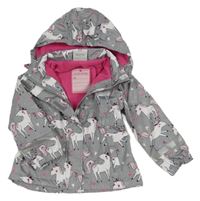 Šedá šusťáková jarní bunda s jednorožci a kapucí Topomini