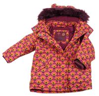 Růžovo-vínová květovaná šusťáková zateplená bunda s kapucí 