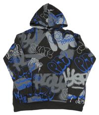 Nové - Černo-šedo-modrá mikina s grafitty a kapucí H&M