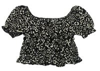 Černo-bílé crop tričko s volnými rameny a leopardím vzorem zn. Next
