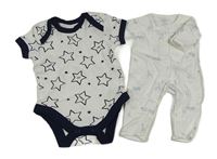 2set - bílo-tmavomodré body s hvězdami + bílý overal se zvířátky Matalan