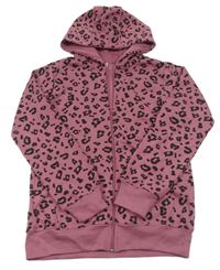 Starorůžovo-černá propínací mikina s leopardím vzorem a kapucí Y.F.K.