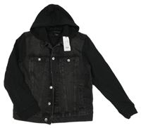 Nové - Tmavošedo-černá riflová bunda s teplákovými rukávy a kapucí New Look