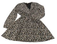 Černo-bílo-růžové květované šifonové šaty 