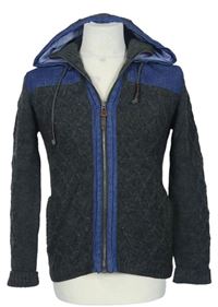 Pánský tmavošedo-modrý vzorovaný vlněný svetr s kapucí 