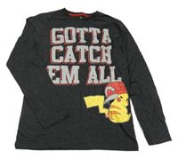 Antracitové triko s nápisem a Pikachu 