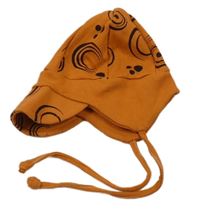 Oranžovo-černá vzorovaná žebrovaná čepice s tkaničkami 