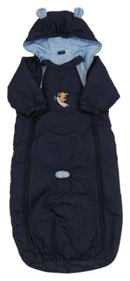 Tmavomodrý šusťákový zimní fusak s pejskem a kapucí s oušky lupilu