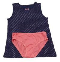 2set - růžové kalhotky + tmavomodrá puntíkatá košilka