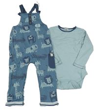 Nové - 2set - Modré laclové tepláky se zvířaty + body 