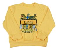 Žlutá mikina s dinosaury a nápisem 