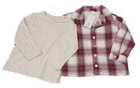 Nové - 2set - Rubínovo-šedo-bílá kostkovaná zateplená košilová bunda + triko F&F