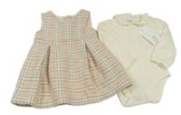 Nové - 2set - Smetanovo-růžovo-stříbrné kostkované šaty + smetanové body F&F