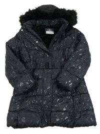 Tmavomodro-černý vzorovaný šusťákový zimní kabát s páskem a kapucí George 