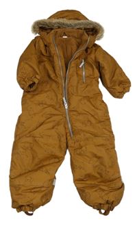 Béžová šusťáková zimní kombinéza s medvídky a kapucí H&M