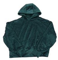 Tmavozelená sametová třpytivá crop mikina s kapucí 