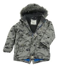 Šedá šusťáková zimní bunda s dinosaury a kapucí Next