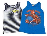2x - Safírový nátělník se Spider-manem + pruhované tílko s bagrem
