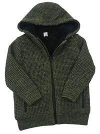 Khaki melírovaný pletený propínací zateplený svetr s kapucí Tu