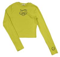 Limetkové žebrované crop triko se smajlíky a nápisem H&M