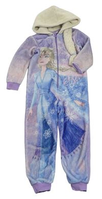 Fialovo-růžovo-modrá chlupatá kombinéza s Elsou a kapucí Disney 