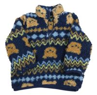 Tmavomodrá vzorovaná huňatá mikina s medvídky so cute