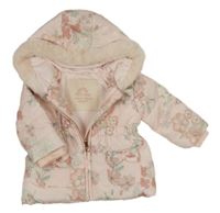 Světlerůžová prošívaná šusťáková zimní parka s kytičkami a mašlemi a kapucí s kožešinou Next