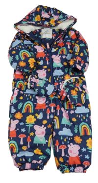 Tmavomodrá prošívaná šusťáková zimní kombinéza s Peppa Pig a kapucí + rukavice George