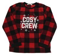 Černo-červená kostkovaná fleecová pyžamová mikina s nápisy a vločkami 