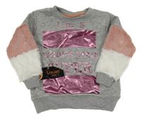 Nové - šedá melírovaná mikina s nápisy a metalickým potiskem a kožešinou 