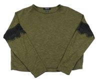 Khaki-černé melírované úpletové crop mikinotriko s krajkou New Look