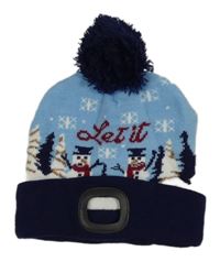 Modro-tmavomodrá pletená čepice se sněhuláčky a bambulí