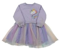 Levandulovo-barevné teplákovo/tylové šaty s jednorožcem