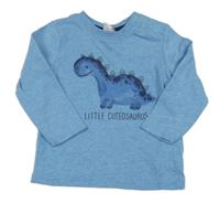 Modré melírované triko s dinosaurem a nápisem dopodopo