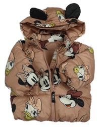 Světlehnědá prošívaná šusťáková zimní bunda s Minnie a Mickey a Daisy a odepínací kapucí H&M