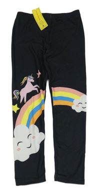 Nové - černé legíny s jednorožcem a duhami a obláčky SHEIN
