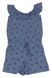 Tmavomodrý melírovaný kraťasový overal s palmami a volánkem alive