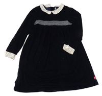 Tmavomodro-bílé sametové šaty s výšivkou a kytičkami a límečkem Mothercare