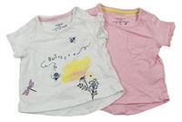 2x Bílé tričko s kytičkou a nápisem + Růžové tričko s kapsičkou F&F