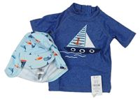 2set- Modré Uv triko s lodičkou + Světlemodrá UV čepice s rybami a ponorkami Nutmeg