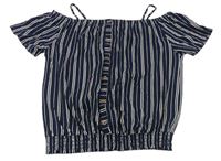 Tmavomodro-bílé pruhované crop tričko s knoflíky zn. H&M