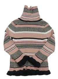 Starorůžovo-černo-bílý třpytivý pruhovaný žebrovaný svetrový rolák zn. Primark
