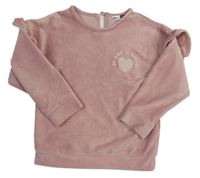 Starorůžová žebrovaná sametová mikina se srdcem a volánky Pep&Co