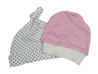 2x bavlněná čepice - bílá s hvězdami + růžová