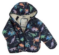 Tmavomodrá šusťáková zimní bunda s dinosaury a kapucí M&S
