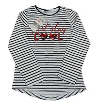 Nové - Bílo-černé pruhované triko s nápisem a srdcem z překlápěcích flitrů Y.F.K.