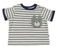 Bílo-tmavomodré pruhované tričko s kapsou s medvědem