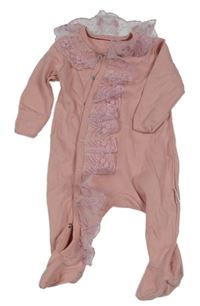 Růžový overal s tylovým volánkem s výšivkami květin